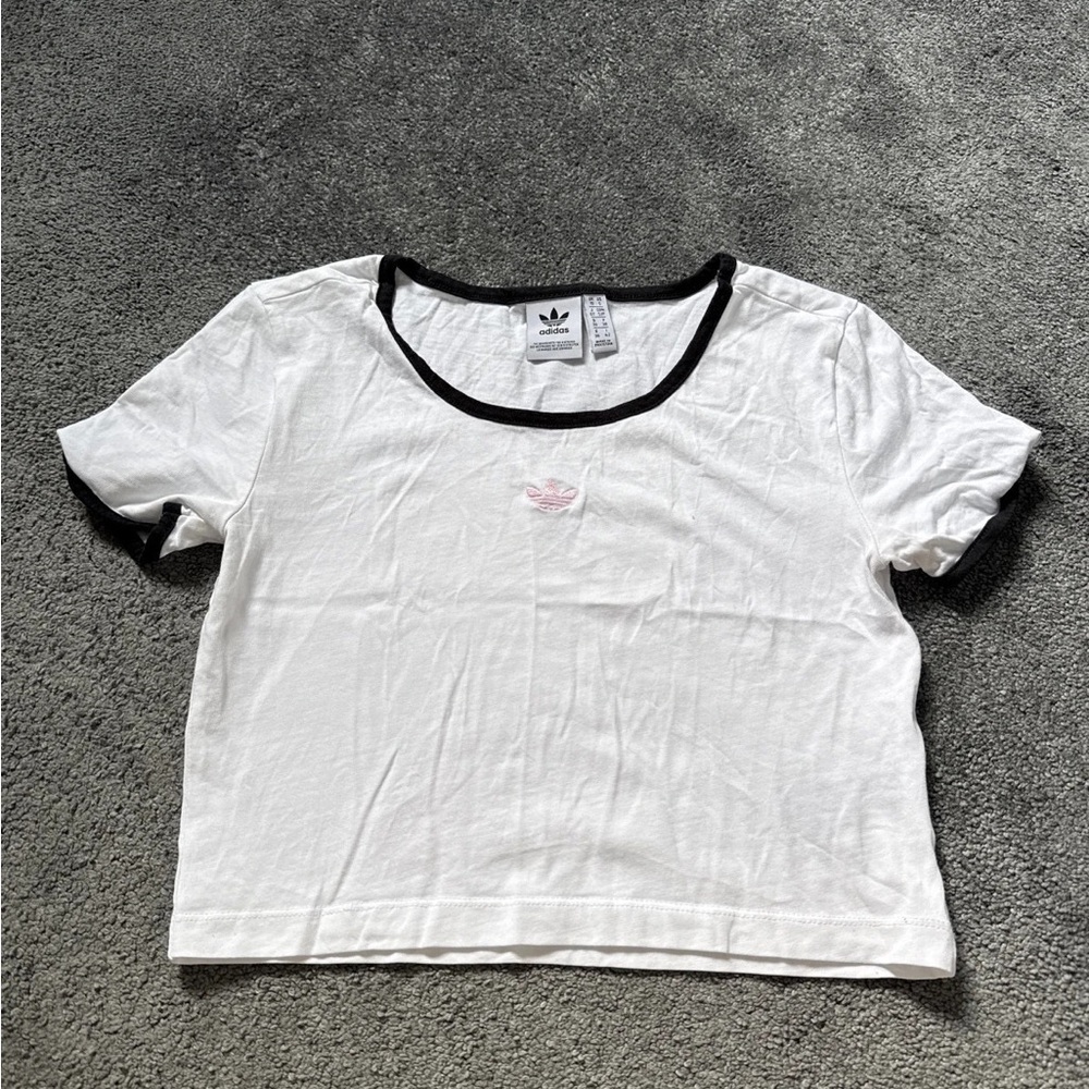 Adidas White and Black Tee with Pink Logo